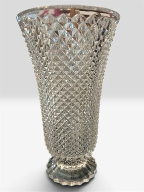 Vintage Indiana Glass Diamond Point Clear Footed Trumpet Vase Mid Century